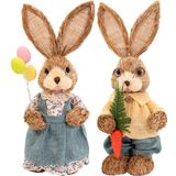 Casal De Coelhos De Páscoa Decoração Palha Artesanal Rústico