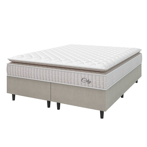 Cama Box Colchão Casal King Molas Ensacadas City Pillow Top 193x203x61cm Bege / Branco Hellen - Suporta Até 110kg Por Pessoa