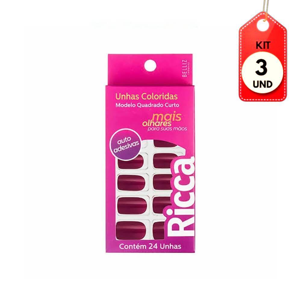 Kit C/03 Ricca Unhas Postiças Rosa Sexy Sem Cola C/24