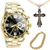 Relogio Masculino Aço Inox + Corrente Grumet Presente Qualidade Premium Social Preto Casual
