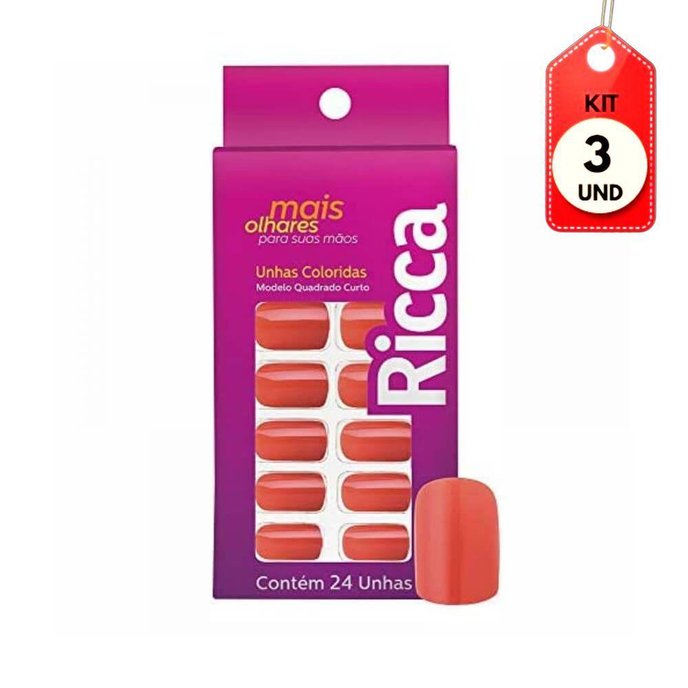 Kit C/03 Ricca Unha Postiça Vermelho Paixão Sem Cola C/24