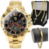 Relogio Masculino Banhado + Cordão Cruz + Pulseira Grumet Casual Religioso Qualidade Premium Social
