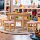 Mesinha Infantil Madeira Maciça 88x54 Com 4 Banquetas Nogueira Com Estofado Rosa Puzao Jm Móveis