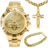 Relogio Masculino Banhado Ouro Aço + Crucifixo + Pulseira Presente Original Qualidade Premium Grande