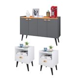 Kit 2 Mesinhas Cabeceira Estilo Retrô Branco 1 Gaveta Nicho Decorativo E Buffet Kiev Cantinho Café Cinza/cinamomo - Rpm Móveis