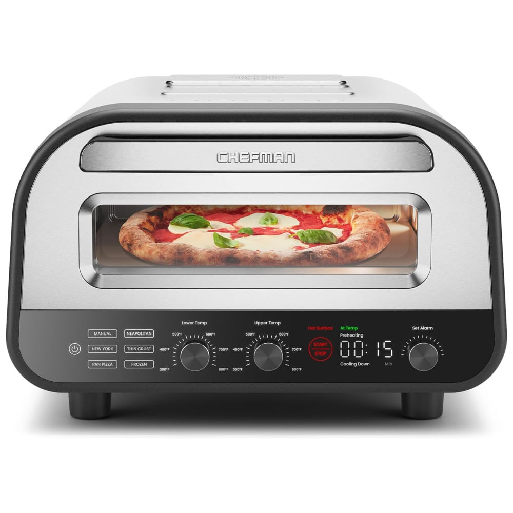 Forno Elétrico Programável Com 5 Predefinições, Tela Led, Pedra De Pizza E Casca Incluídas, 1700w, Chefman, Prata