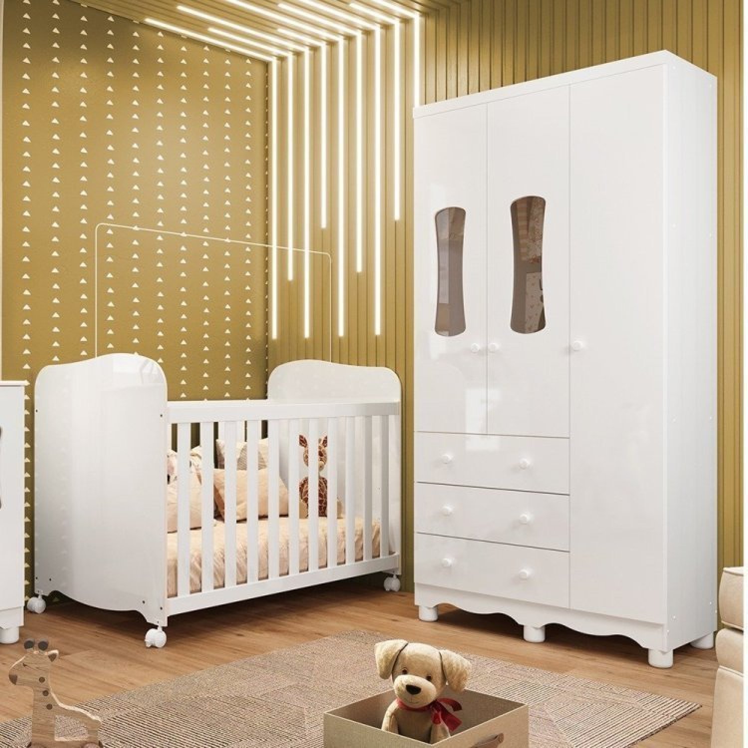 Quarto De Bebê Guarda Roupas 3 Ptas 3 Gavetas E Berço100% Mdf Lana Espresso Móveis Branco Brilho