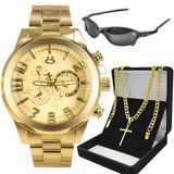 Relogio Masculino Banhado Aço Inox + Oculos Sol + Cordão Social Ouro Presente Casual Original Preto