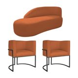 Kit Divã Luna 185cm Lado Esquerdo E 02 Poltronas Base De Ferro Preto Suede Terracota