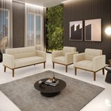 Conjunto 2 Poltronas E 1 Namoradeira Decorativa Pés Fixo Em Madeira Castanho Suede Bege
