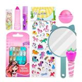 Kit De Maquiagem Infantil Batom Brilho Gloss Espelho Adesivo