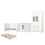 Dormitório Infantil Completo Carolina Baby Berço Americano Com Colchão Mini Cama 2 Em 1 Para Quarto Bebê Luna Branco