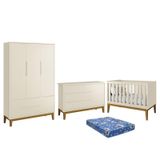 Dormitório Infantil Classic 3 Portas, Cômoda 1 Porta, Berço Areia Fosco Com Pés Amadeirado E Colchão - Reller Móveis