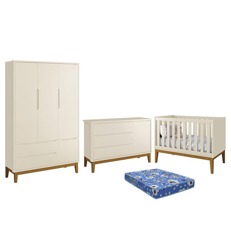 Dormitório Infantil Classic 3 Portas, Cômoda 1 Porta, Berço Areia Fosco Com Pés Amadeirado E Colchão - Reller Móveis