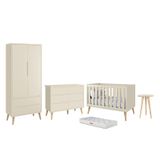 Dormitório Infantil Theo 2 Portas, Cômoda 6 Gavetas, Berço, Mesa De Canto Areia Fosco Com Pés Madeira Naturale Colchão - Reller Móveis