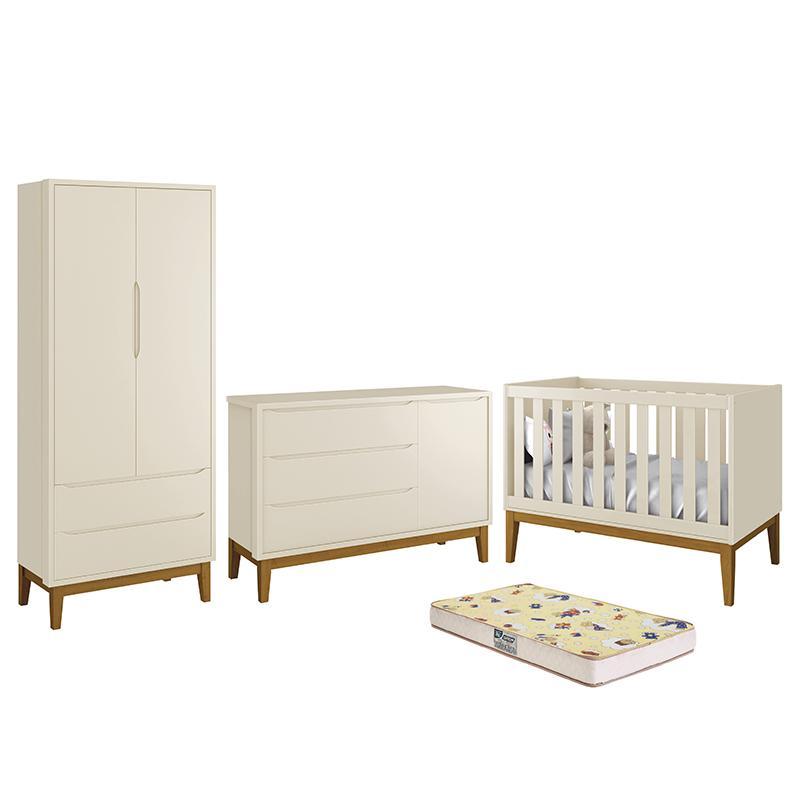 Dormitório Infantil Classic 2 Portas, Cômoda 1 Porta, Berço Areia Fosco Com Pés Amadeirado E Colchão D18 - Reller Móveis