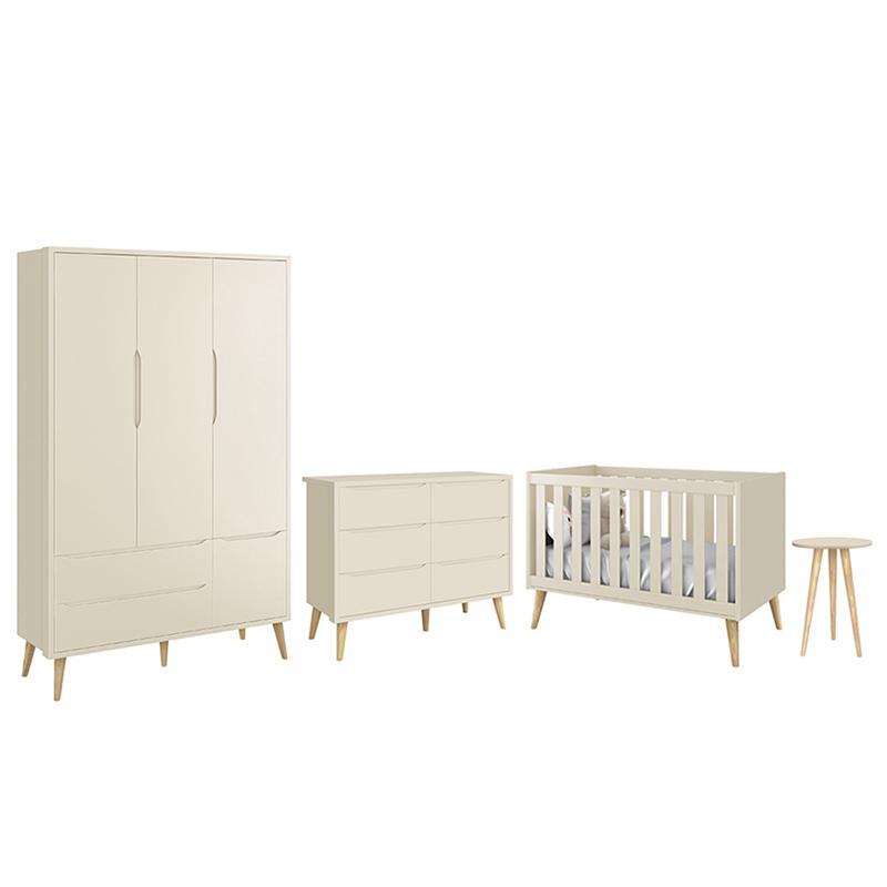 Dormitório Completo Infantil Theo 3 Portas, Cômoda 6 Gavetas, Berço E Mesa De Canto Areia Fosco Com Pés Madeira Natural- Reller Móveis