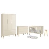 Dormitório Infantil Theo 3 Portas, Cômoda 6 Gavetas, Berço, Mesa De Canto Areia Fosco Com Pés Madeira Naturale Colchão - Reller Móveis