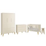 Dormitório Completo Infantil Theo 3 Portas, Cômoda 6 Gavetas, Berço E Mesa De Canto Areia Fosco Com Pés Amadeirado - Reller Móveis