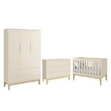 Dormitório Completo Infantil Classic 3 Portas, Cômoda 6 Gavetas E Berço Areia Fosco Com Pés Madeira Natural- Reller Móveis