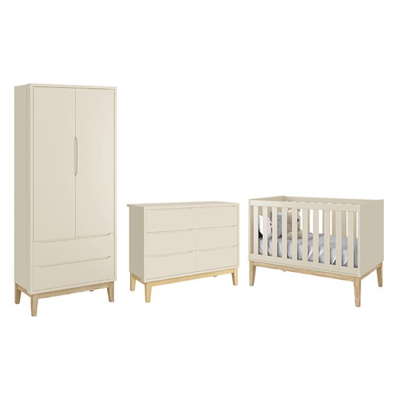 Dormitório Completo Infantil Classic 2 Portas, Cômoda 6 Gavetas E Berço Areia Fosco Com Pés Madeira Natural - Reller Móveis