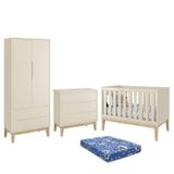 Dormitório Infantil Classic 2 Portas, Cômoda 3 Gavetas, Berço Areia Fosco Com Pés Madeira Natural E Colchão - Reller Móveis