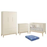 Dormitório Infantil Classic 3 Portas, Cômoda 3 Gavetas, Berço Areia Fosco Com Pés Madeira Natural E Colchão - Reller Móveis