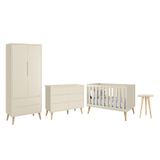 Dormitório Completo Infantil Theo 2 Portas, Cômoda 6 Gavetas, Berço E Mesa De Canto Areia Fosco Com Pés Madeira Natural- Reller Móveis