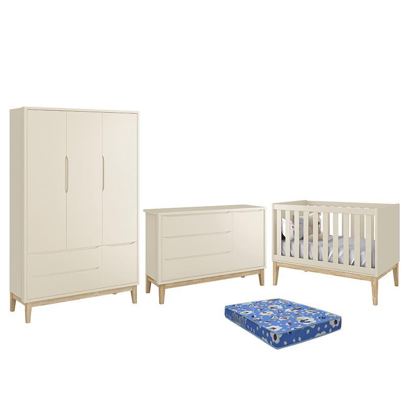 Dormitório Infantil Classic 3 Portas, Cômoda 1 Porta, Berço Areia Fosco Com Pés Madeira Natural E Colchão - Reller Móveis