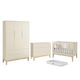 Dormitório Completo Infantil Classic 3 Portas, Cômoda 6 Gavetas, Berço Areia Fosco Com Pés Madeira Naturale Colchão D18 - Reller Móveis