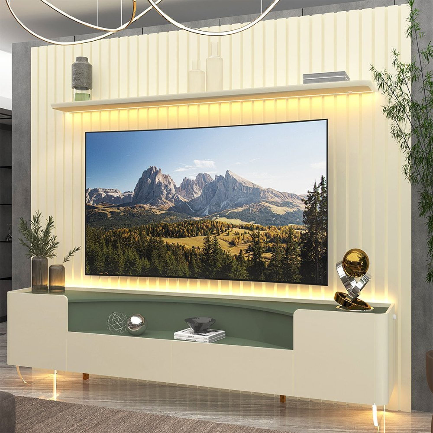 Rack Com Painel Ripado Para Tv Até 85 Polegadas Led Pés Vidro Nobre/infinity 230cm Off White/off White/verde Floresta