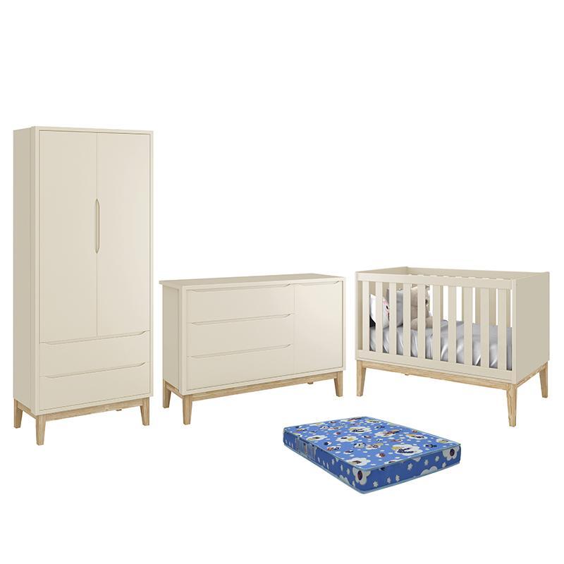 Dormitório Infantil Classic 2 Portas, Cômoda 1 Porta, Berço Areia Fosco Com Pés Madeira Natural E Colchão - Reller Móveis