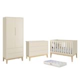 Dormitório Completo Infantil Classic 2 Portas, Cômoda 6 Gavetas, Berço Areia Fosco Com Pés Madeira Natural E Colchão D18 - Reller Móveis