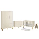 Dormitório Infantil Theo 3 Portas, Cômoda 6 Gavetas, Berço, Mesa De Canto Areia Fosco Com Pés Amadeirado E Colchão - Reller Móveis