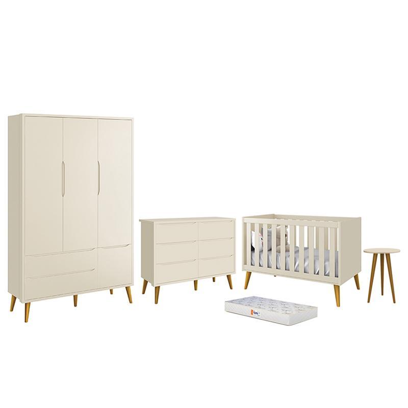 Dormitório Infantil Theo 3 Portas, Cômoda 6 Gavetas, Berço, Mesa De Canto Areia Fosco Com Pés Amadeirado E Colchão - Reller Móveis