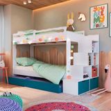 Cama Treliche Infantil Solteiro Com Cama Auxiliar E Escada Branco Azul Redford Jm Móveis