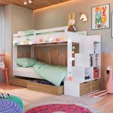 Cama Beliche Infantojuvenil Solteiro Com 05 Nichos E 02 Gavetões 231cm Branco Aveiro Oak Decker Jm