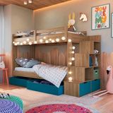 Cama Beliche Infantojuvenil Solteiro Com 05 Nichos E 02 Gavetões 231cm Aveiro Oak Azul Decker Jm M