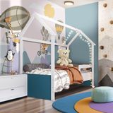 Cama Infantojuvenil Com Colchão Solteiro Casinha Branco Azul Secreto Carrossel Jm Móveis