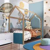 Cama Infantojuvenil Com Colchão Solteiro Casinha Aveiro Oak Azul Secreto Carrossel Jm Móveis