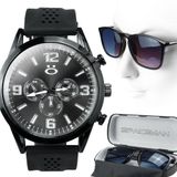 Relogio Aço Inox Masculino + Proteçao Uv Oculos Sol + Case Social Original Presente Analogico Casual