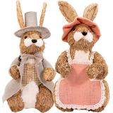 Casal De Coelhos De Páscoa Rústico Decoração Palha Artesanal