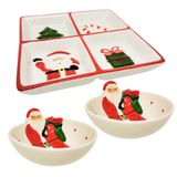 Conjunto Petisqueira E 2 Tigelas Bowl Cerâmica Natal Papai Noel Alto-relevo - Master Christmas