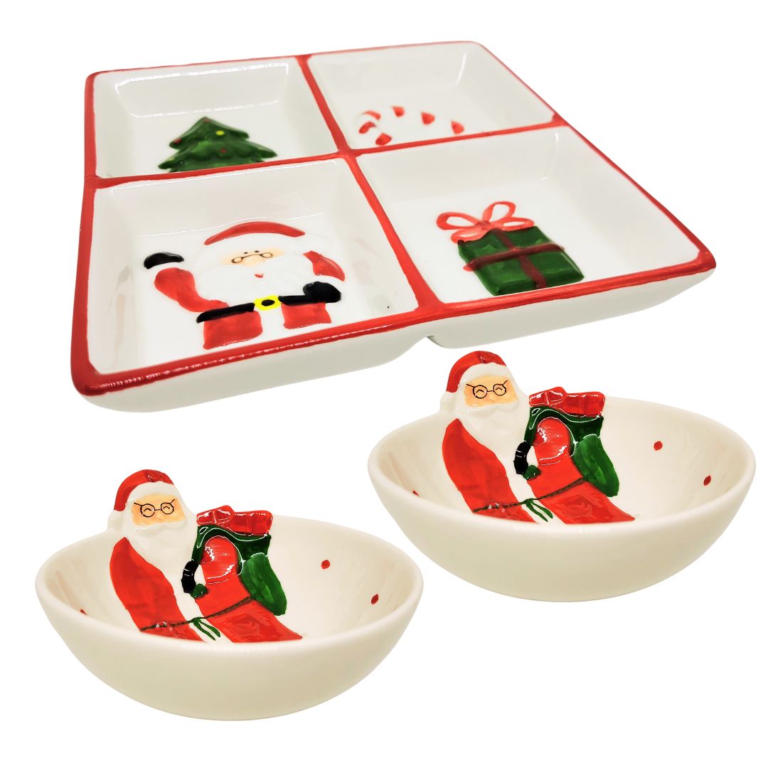 Conjunto Petisqueira E 2 Tigelas Bowl Cerâmica Natal Papai Noel Alto-relevo - Master Christmas