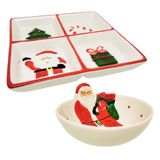 Conjunto Petisqueira E Tigela Bowl Cerâmica Natal Papai Noel Alto-relevo - Master Christmas