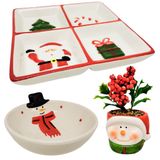 Conjunto Petisqueira, Tigelas Bowl E Vaso Cerâmica Natal Papai Noel E Boneco De Neve - Master Christmas