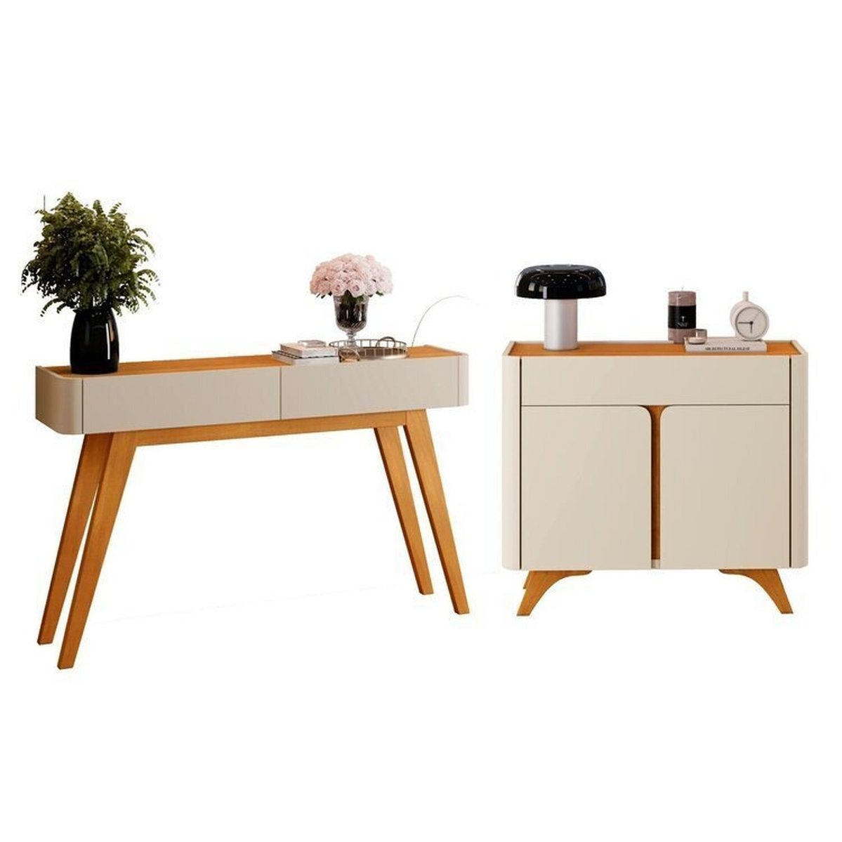 Conjunto Aparador 2 Gavetas 133cm Aros E Buffet Para Sala De Jantar 2 Portas 92cm Aros Off White/naturale