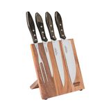 JOGO PARA CHURRASCO COM LAMINAS EM AÇO INOX E CABOS EM MADEIRA POLYWOOD CASTANHO 5 PEÇAS TRAMONTINA