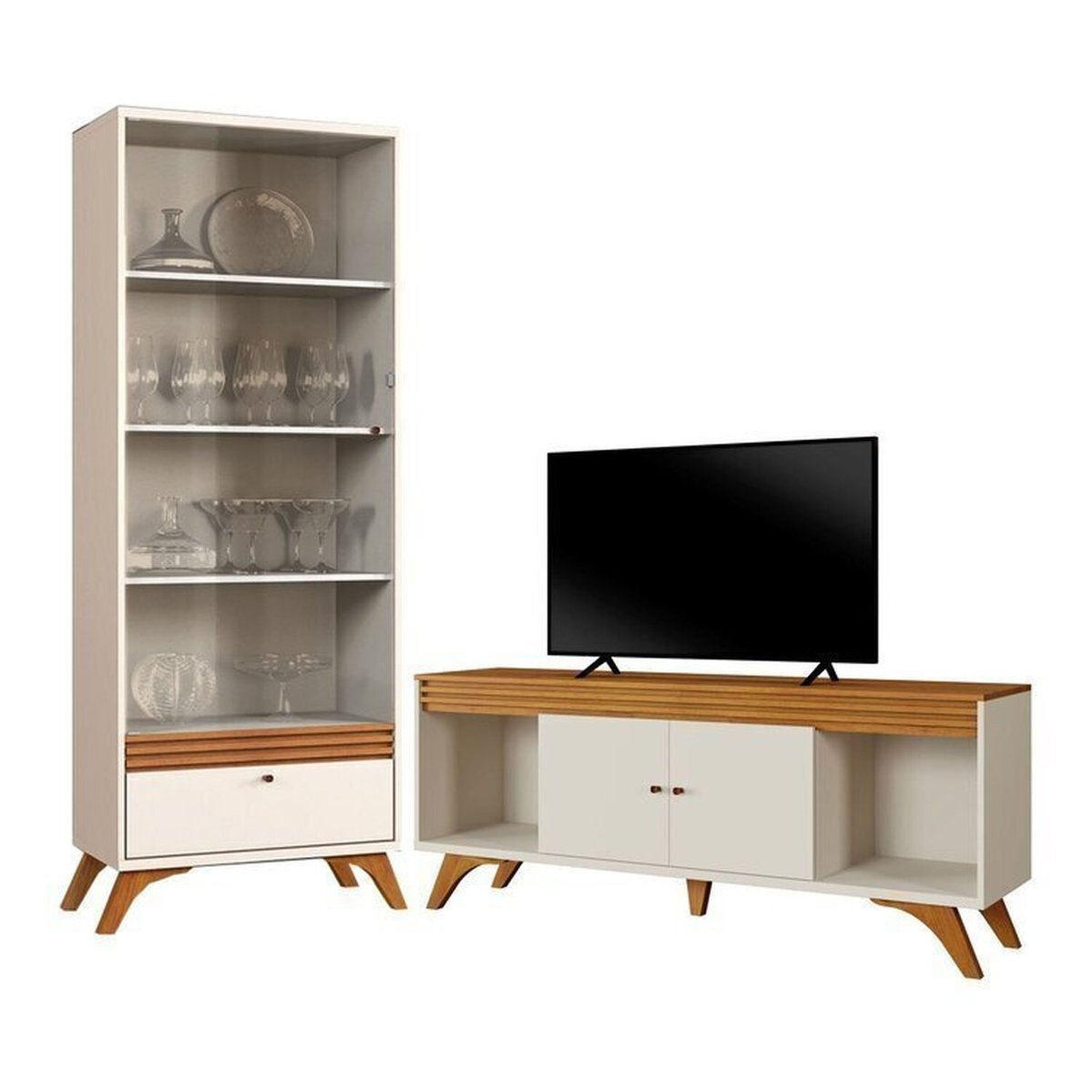 Conjunto Cristaleira 1 Gaveta 4 Prateleiras Madrid E Rack Para Tv Até 65 Polegadas 2 Portas Madrid Off White/naturale