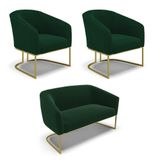 Namoradeira E 2 Poltronas Industrial Dourado Stella Bouclê Verde D03 - D&#39;rossi